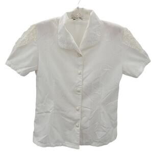 Vintage White Lace Cut Out Short Sleeve Embroidered Collar‎ Button Down Blouse